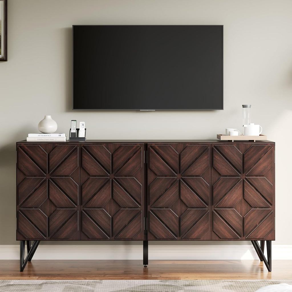 63” Solid Acacia Wood Sideboard Buffet Cabinet, Hand-Carved Geometric Door Console with Adjustable Shelves for Hallway