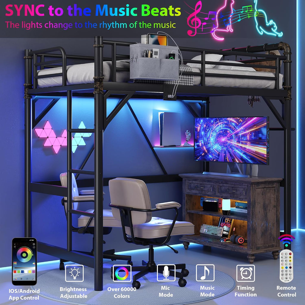 Twin Loft Bed with LED Lights and Charging Station