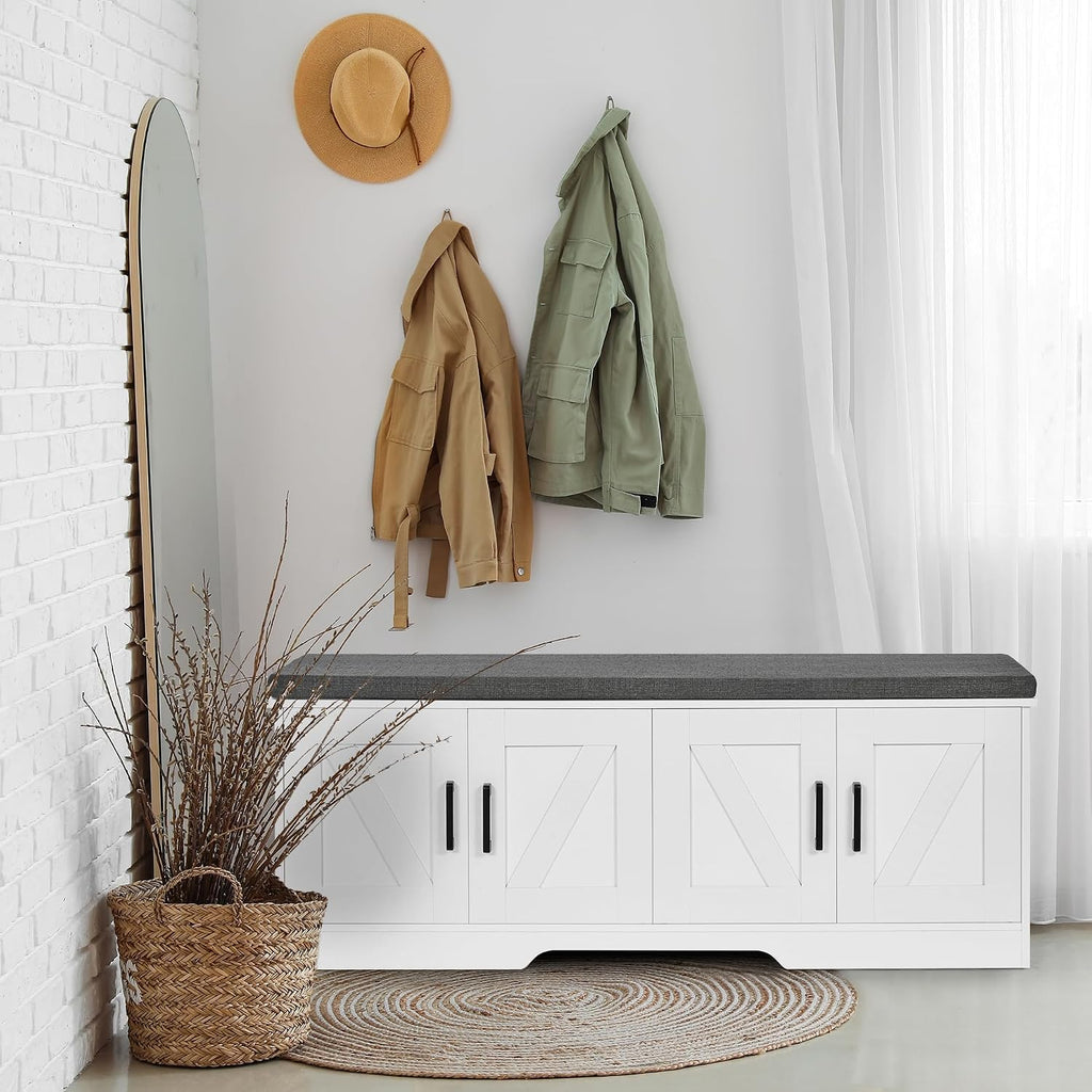 Farmhouse Shoe Storage Bench with 4 Barn Doors & Padded Seat Cushion | 47.2" Wide Entryway Bench with Adjustable