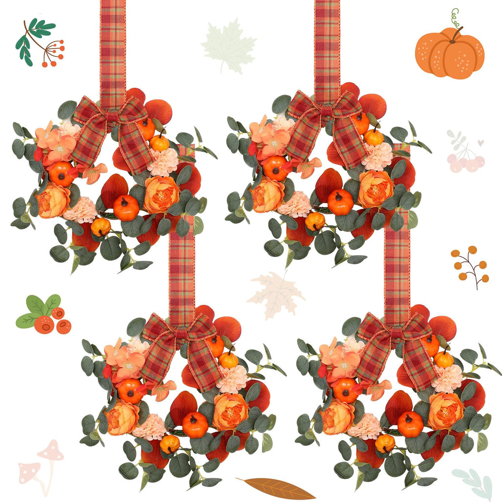 4 Pcs 9" Fall Mini Wreaths Pumpkin Eucalyptus Wreath