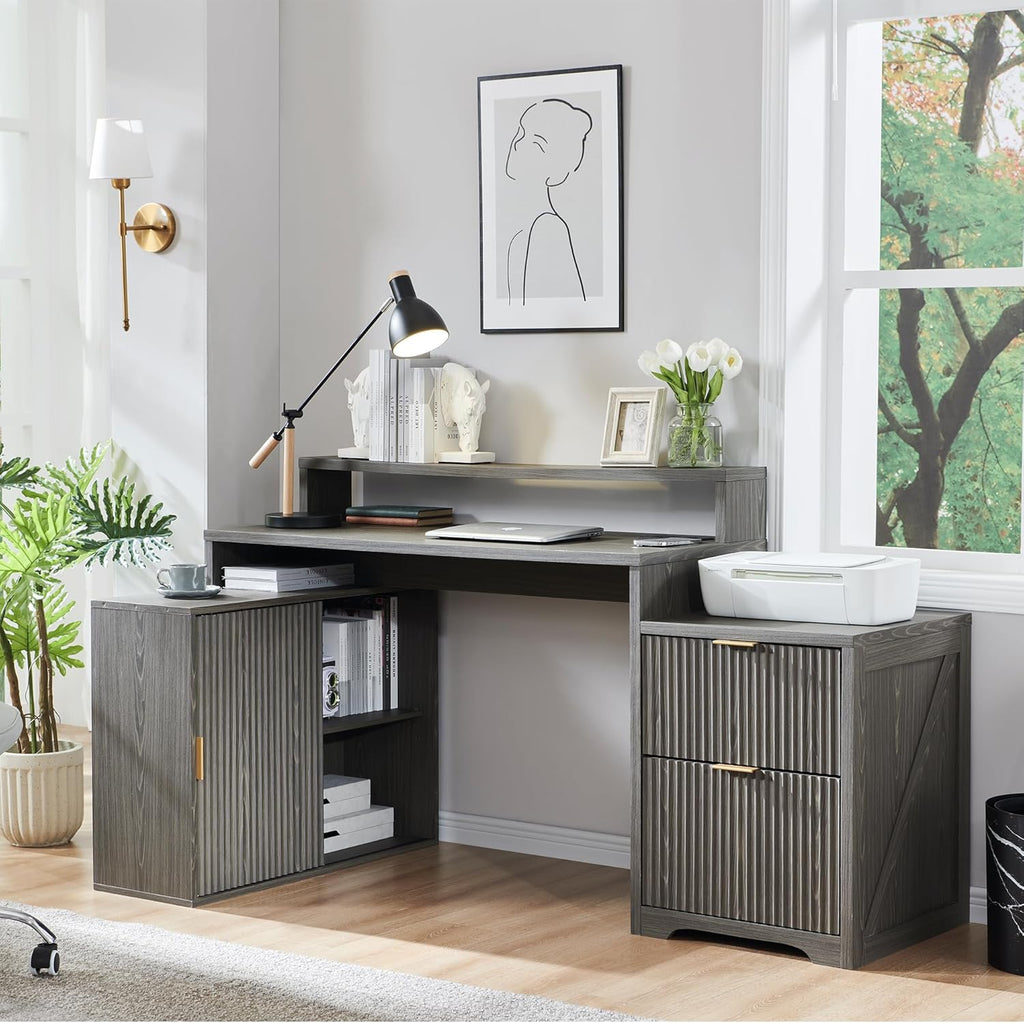 67" Modern L Shaped Desk with Storage Cabinet & Drawers, Wood Home Office Desk with Power Outlets