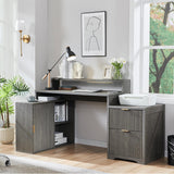 67" Modern L Shaped Desk with Storage Cabinet & Drawers, Wood Home Office Desk with Power Outlets