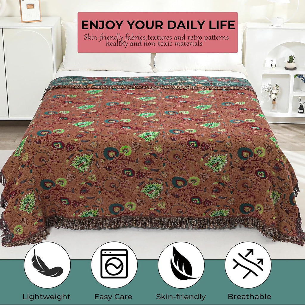 Boho Throw Blanket,100% Ultra Cotton Soft Breathable Bed Throw Floral Printed Farmhouse Decor Rustic Bed Throws