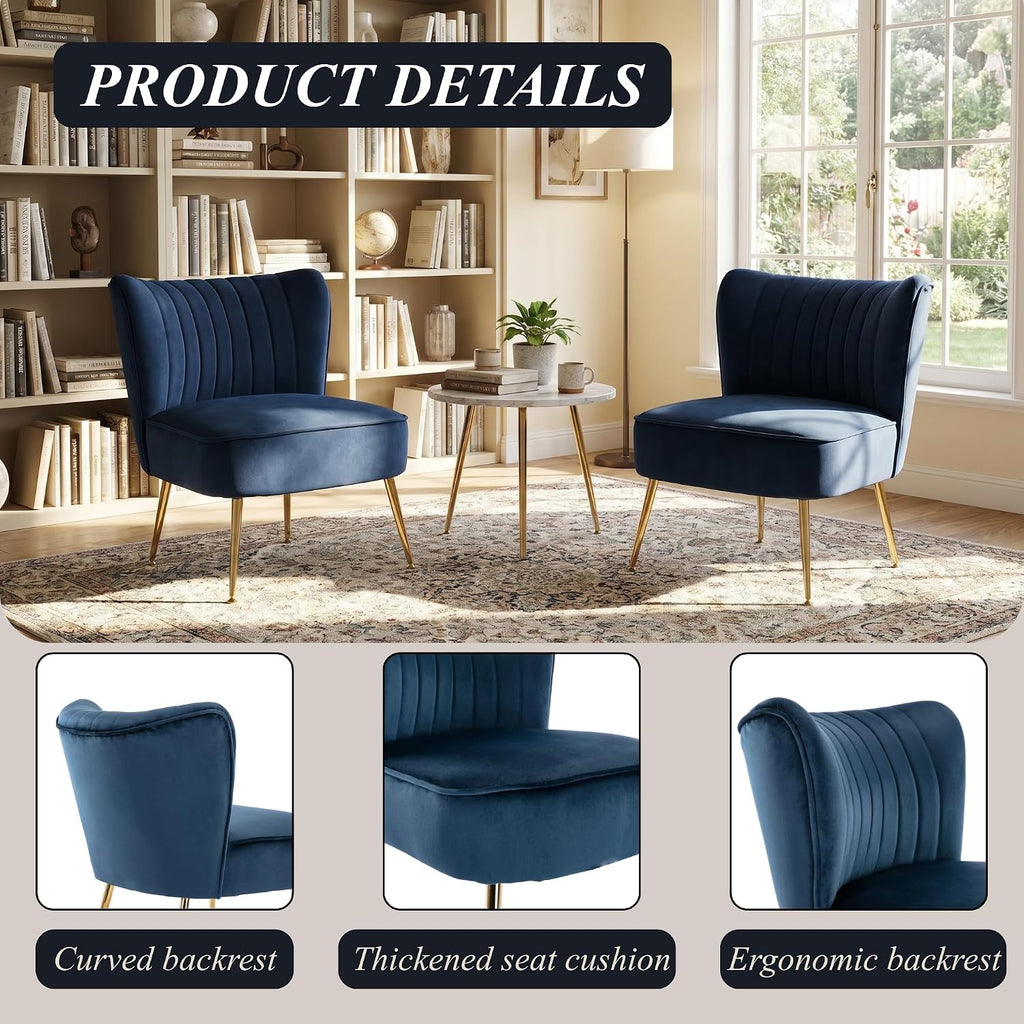Velvet Accent Chair Set of 2 Comfy Living Room Chair Armless Slipper Chair Mid Century Side Single Sofa Chair with