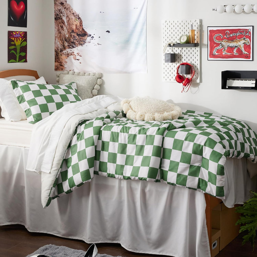 Comforter Set - Extra Long Comforter Set, Checkered Dorm Bedding for Boys, 2 Pieces, 1 Soft Green