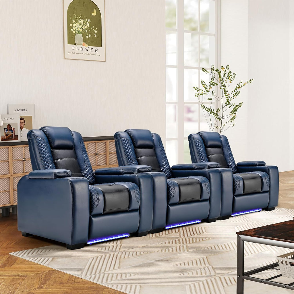 Power Home Theater Seating Set of 3, Blue Faux Leather Electric Recliner Chair with Powered Headrest, Dual Motors Movie Reclining Chairs with LED Lights,USB Port,Cup Holders, Hidden Arm Storage A120-B0D8BXG33V