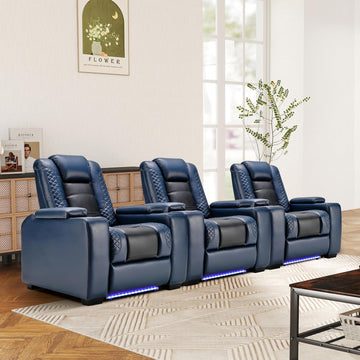 Power Home Theater Seating Set of 3, Blue Faux Leather Electric Recliner Chair with Powered Headrest, Dual Motors Movie Reclining Chairs with LED Lights,USB Port,Cup Holders, Hidden Arm Storage