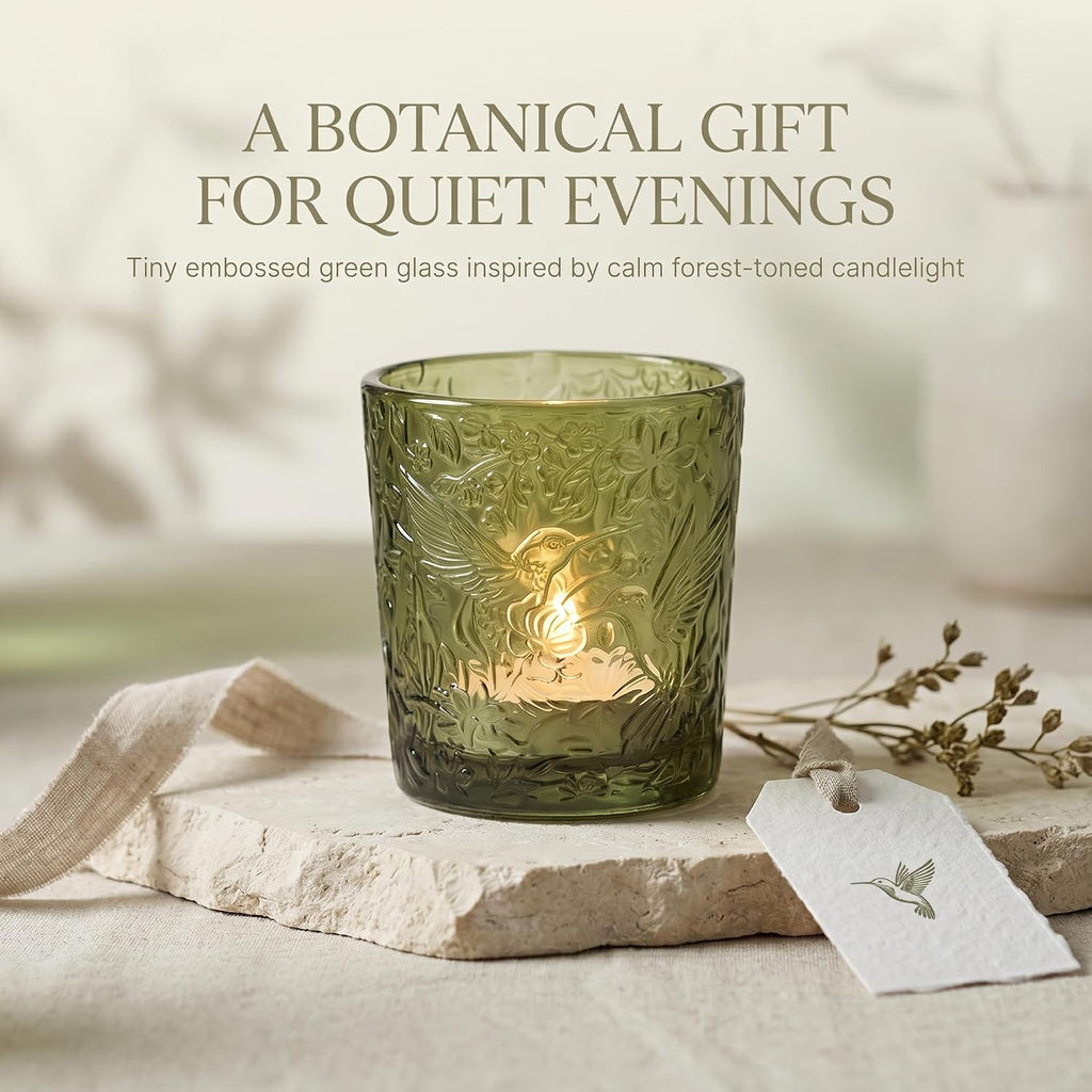 Moss Green Hummingbird Glass Tealight Holders, 12 Pack