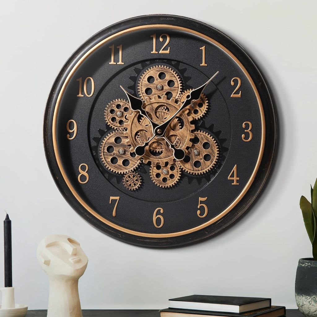 Large Wall Clock with Moving Gear, 40cm / 16 Inch Retro Wall Clock for Living Room Decor, Industrial Steampunk Decorative Wall Clock...