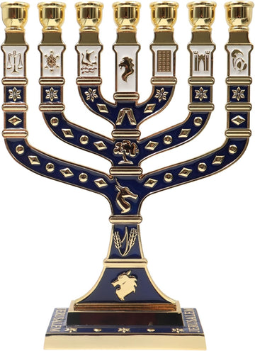Jerusalem Blue Enamel 7 Branch 10.8" high, with 12 Tribes of Israel, Candlestick Candle Holders (10.8 inch) - Set of 11