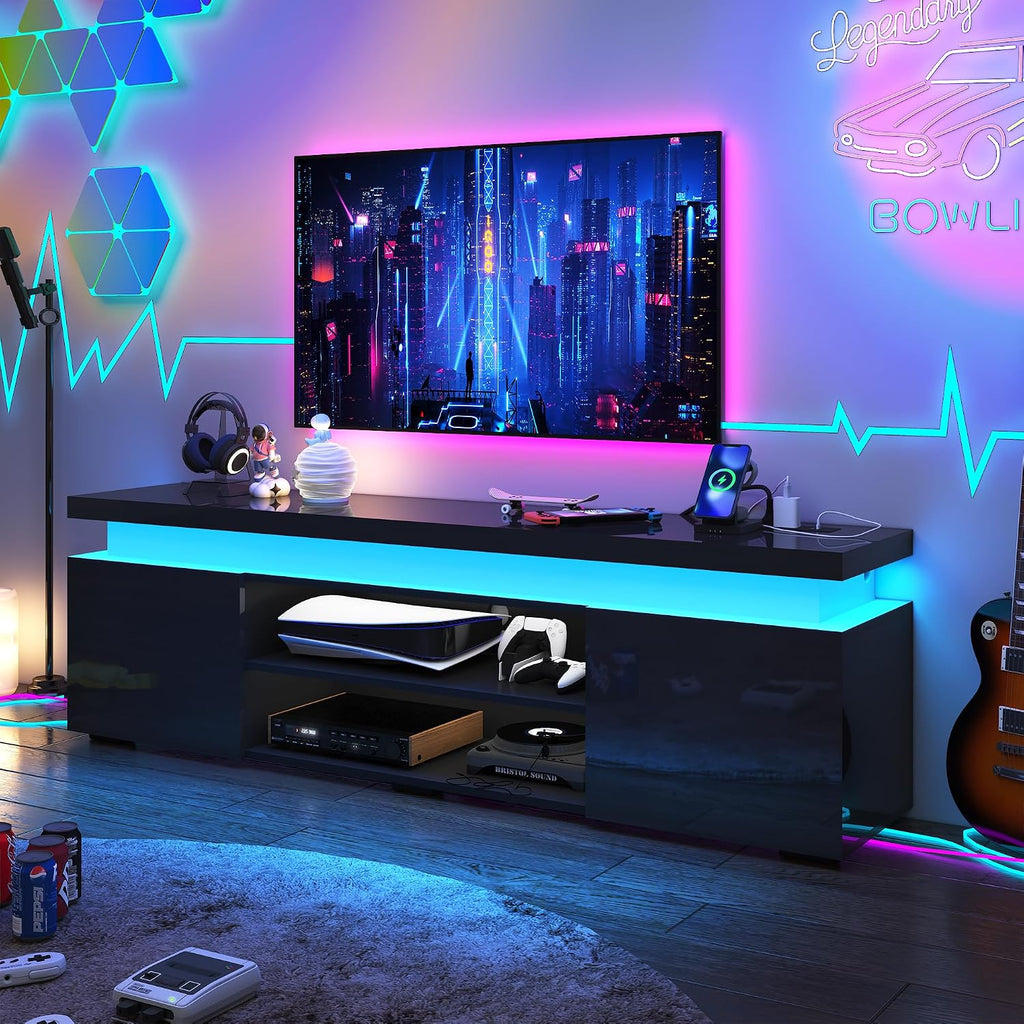 LED TV Stand for 75 Inch TV, Modern TV Stand with Power Outlet, High Gloss TV Console Entertainment Center with Storage and LED Lights for Living Room, Bedroom (66 Inch, Black)
