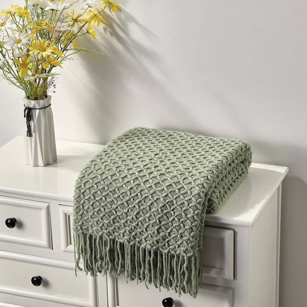 Farmhouse Boho Knitted Throw Blanket, Soft Warm Cozy Light Weight for Spring Summer Fall (50''X60'' Sage Green)