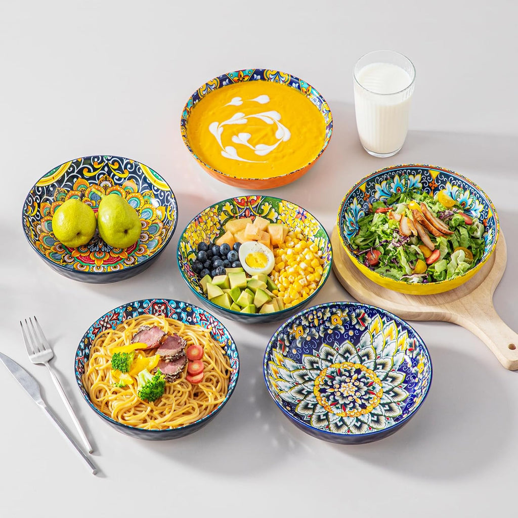 32 Oz Pasta Bowls Set of 6, Ceramic Bohemian Soup Salad Bowls | Dishwasher and Microwave Safe Ceramic, Large 11.5
