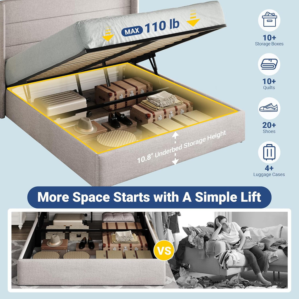 Queen Lift Up Storage Bed, Modern Wingback Headboard, Hydraulic Support, No Box Spring Needed, Light Beige