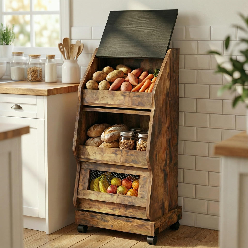 Potato and Onion Storage Bin Rustic Movable Bread Box with Wheels