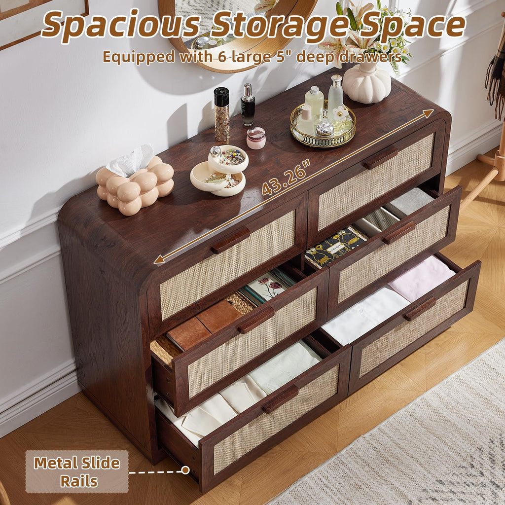 Rattan 6 Drawer Dresser, Walnut