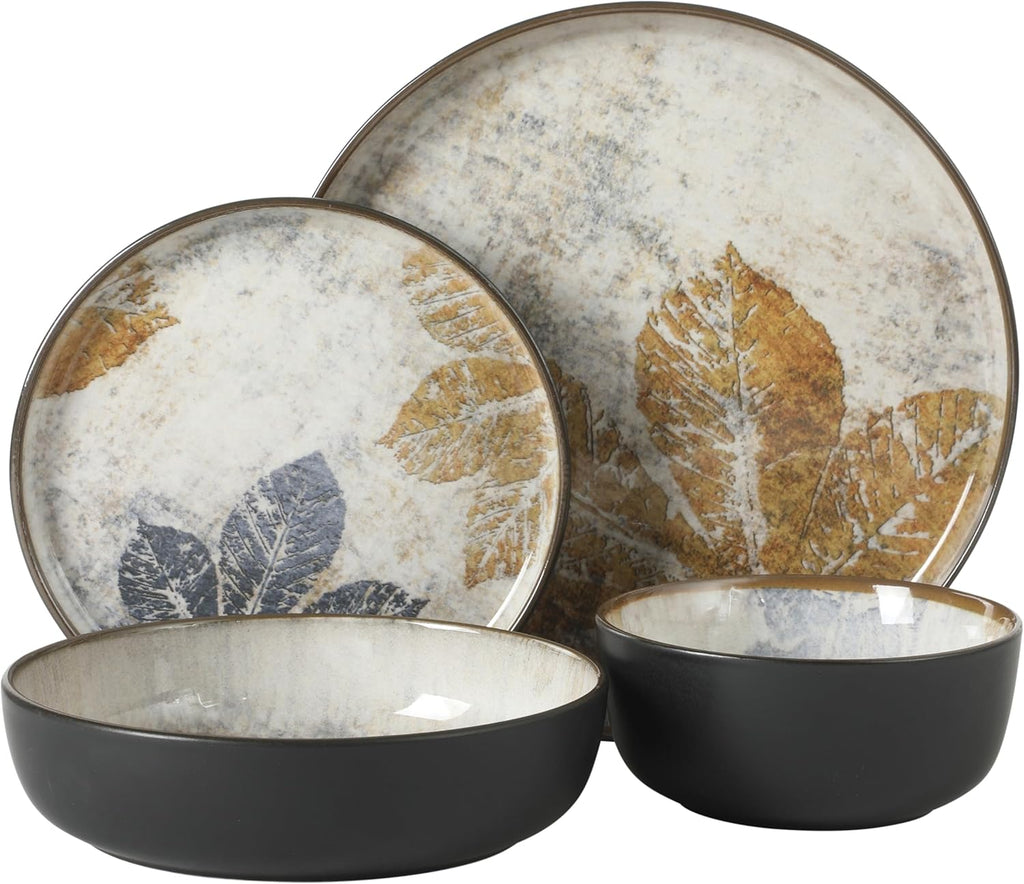 Chantilly Hill 16-Piece Porcelain Dinnerware Set, Round Plates & Bowls, Multicolor Leaf Design