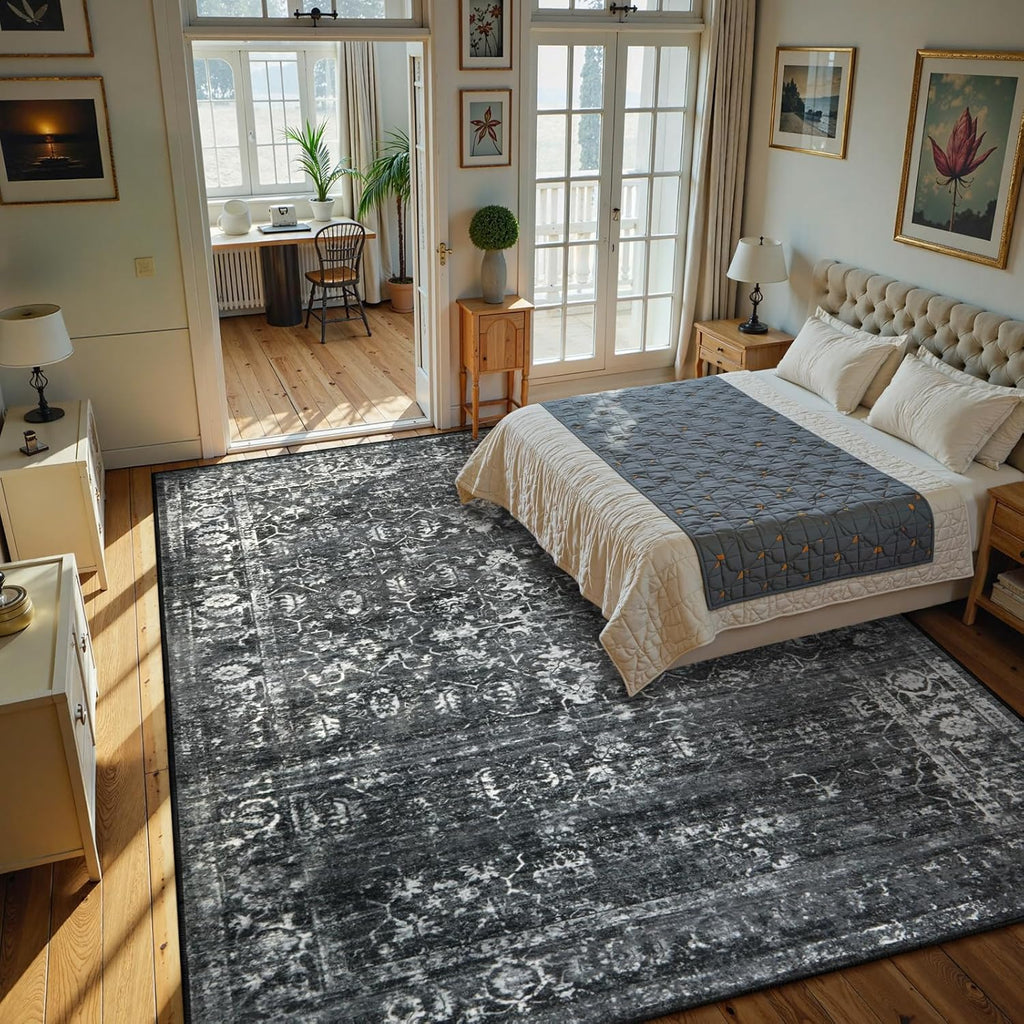 Margot Area Rugs 9x12 Living Room Soft Large Rugs for Bedroom, Boho Black Dining Room Rug, Distresse