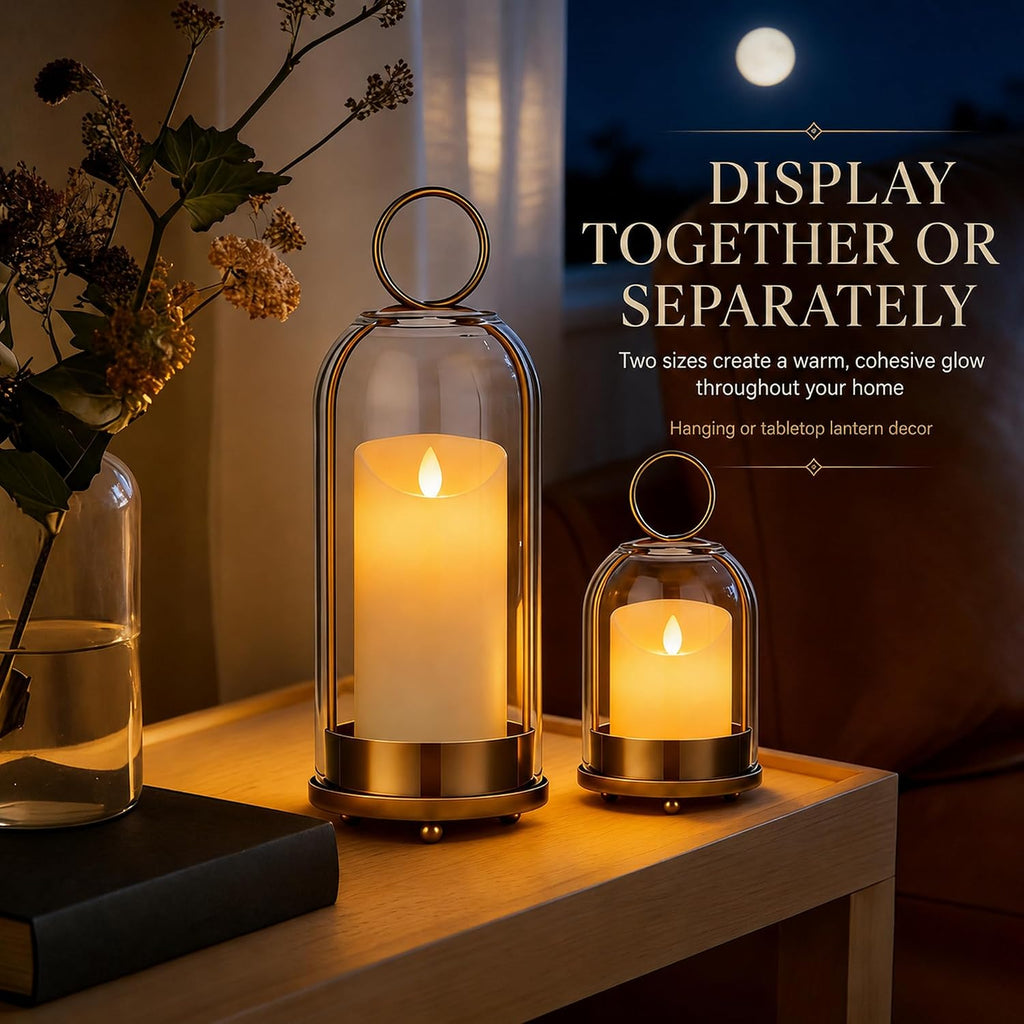 Brass Candle Holder with Glass Dome, Hurricane Glass Lantern Set of 2 | (5"x11" & 4.5"x7.6"), Hanging or Tabletop