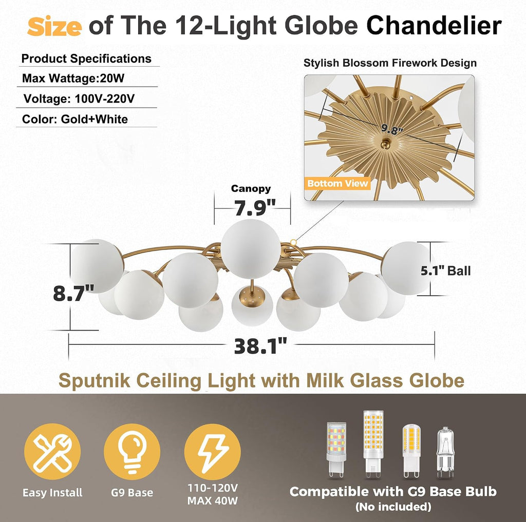 12-Light Sputnik Chandelier Gold and White 38.1 Inches | Flush Mount Ceiling Lights, Blossom Accent, Mid Century Opal