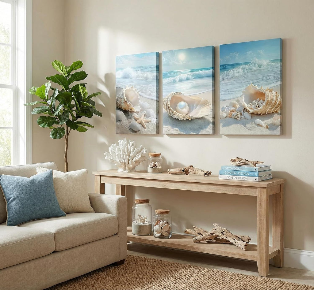 3Pcs Beach Themed Canvas Wall Art | Summer Beach Waves Pictures, Seashells Starfish and Pearl in Ocean Setting