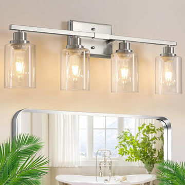 Bathroom Light Fixtures, 4-Light Vanity Lights with Clear Glass Shade, Modern Brushed Nickel Wall Light for Mirror