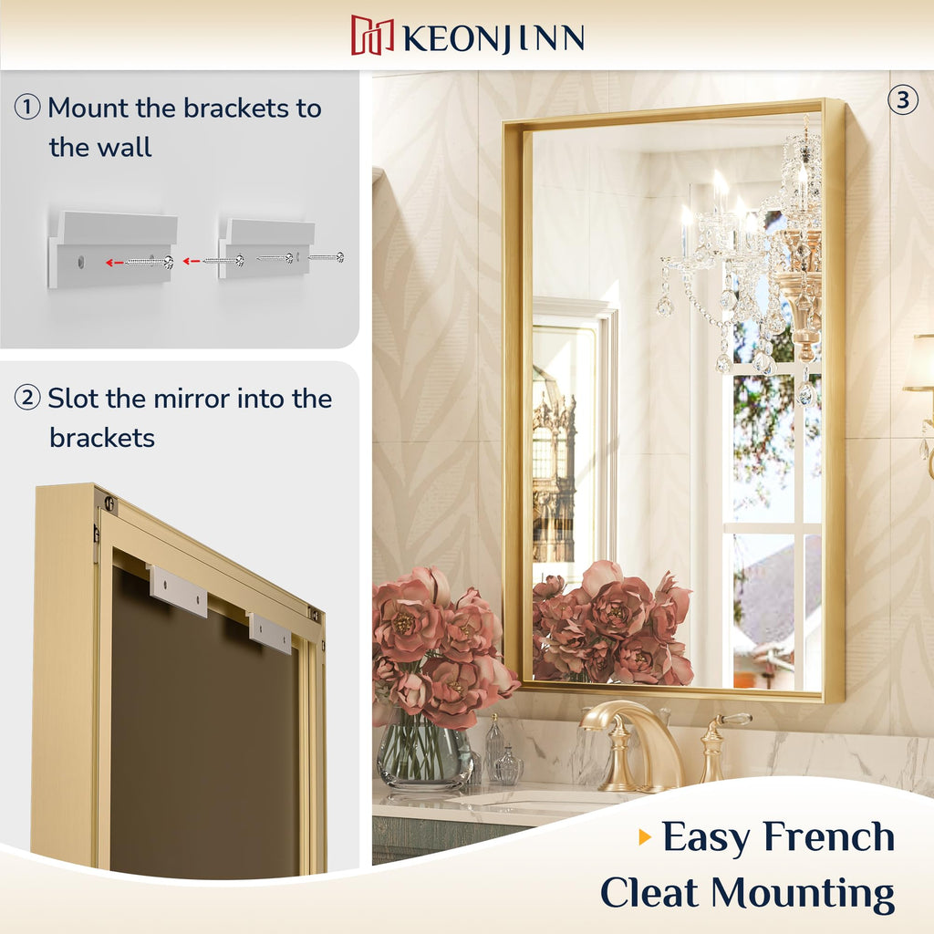 16 x 24 Inch Gold Bathroom Mirror for Vanity, Rectangular Wall Mirror Aluminum Alloy, Metal Frame Rectangle Modern