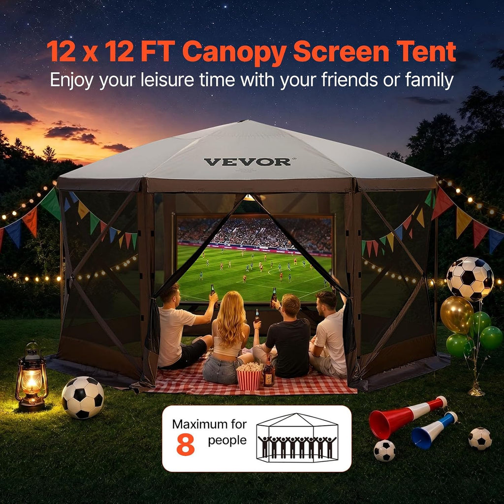 Camping Gazebo Screen Tent, 12x12ft, Brown/Beige | 6 Sided Pop-up Canopy, Mesh Windows, Portable Carry Bag & Stakes