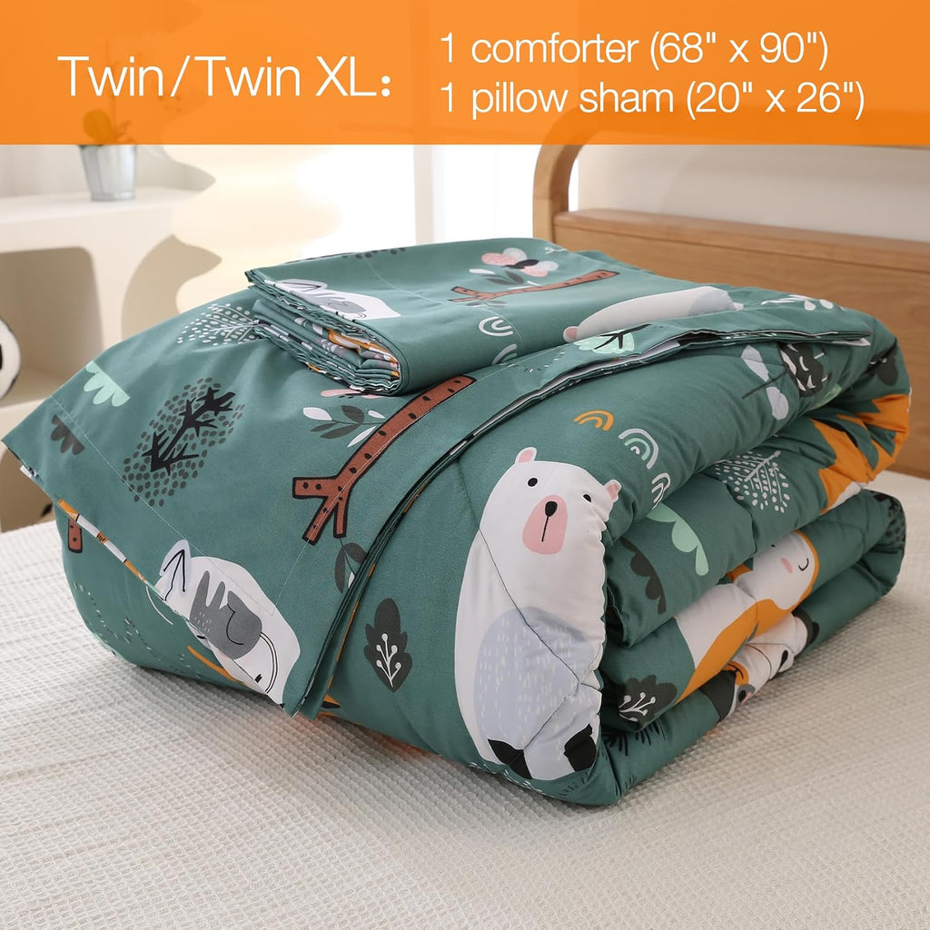 Green Forest Animals Kids Comforter Set, 2 Piece Woodland Printed Microfiber Bedding Set, Machine Washable