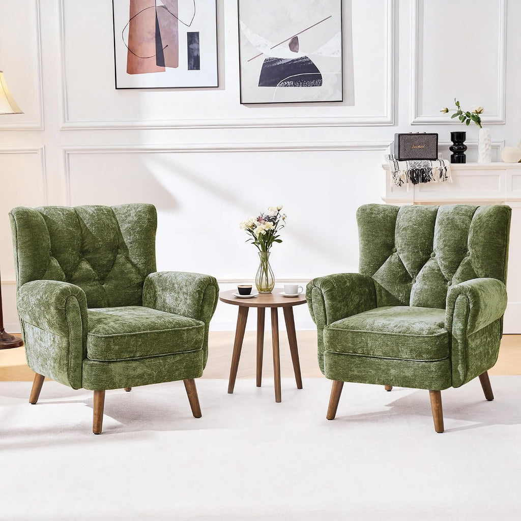 Wingback Accent Chairs , Mid-Century Modern Living Room Chairs, High Wingback Reading Chair, Chenille Tufted