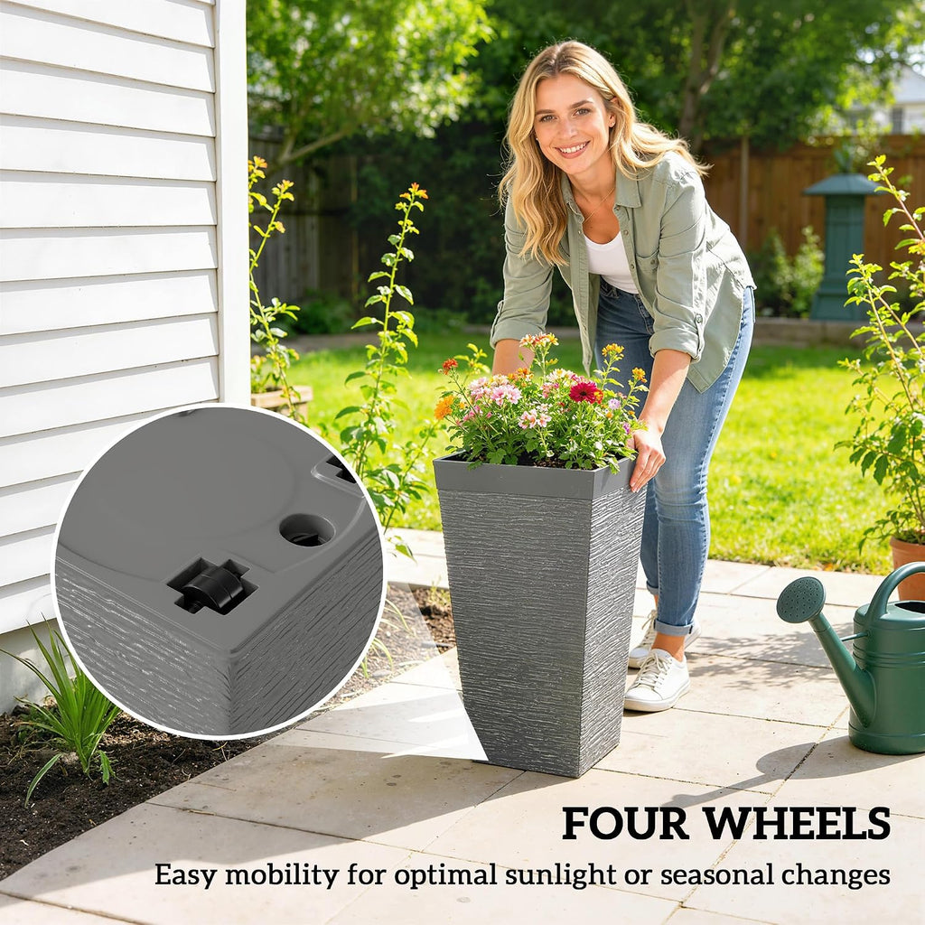 22.8 Inch Tall Planters for Outdoor Plants Set of 3, Gray | Wheels, Flower Pots, Stone Finish, Stackable Tapered