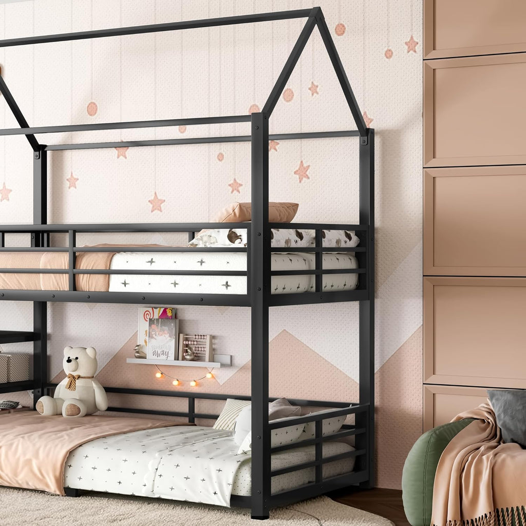Twin Over Twin Bunk Bed with Slide, Kids House Floor Bunk Bed with Storage Stairs and Full Length Guardrail