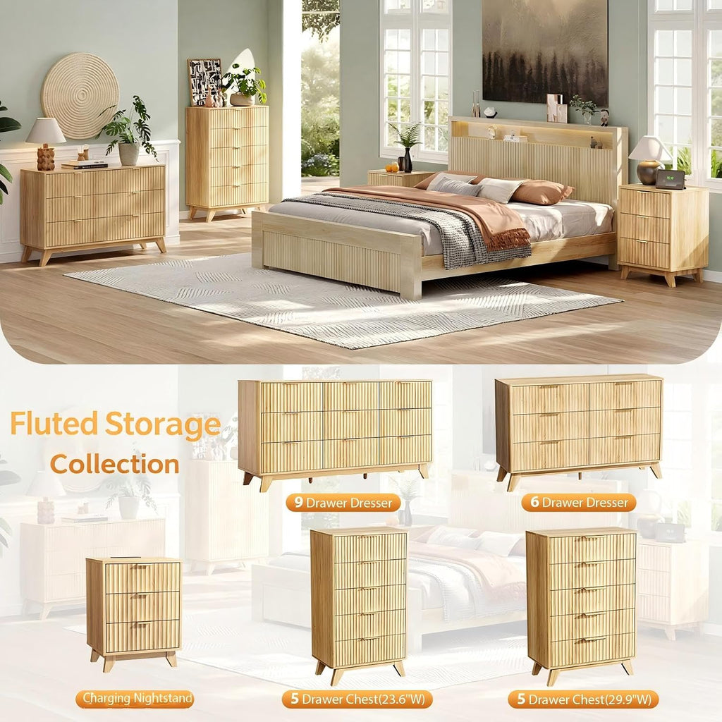 Fluted Dresser , 6 Drawer Dresser w/Rounded Edges, Mid Century Modern Dressers Natural Wood Color, 46.8" W*15.6"
