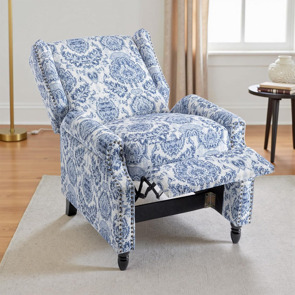 Pushback Floral Recliner Chair, Fabric Upholstered Armchair Push Back Accent Chair for Living Room