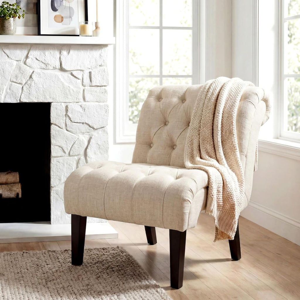 Mid Century Modern Accent Chair, Button Tufted Armless Lounge Chair, Upholstered Linen Side Chair with Solid Wood Legs