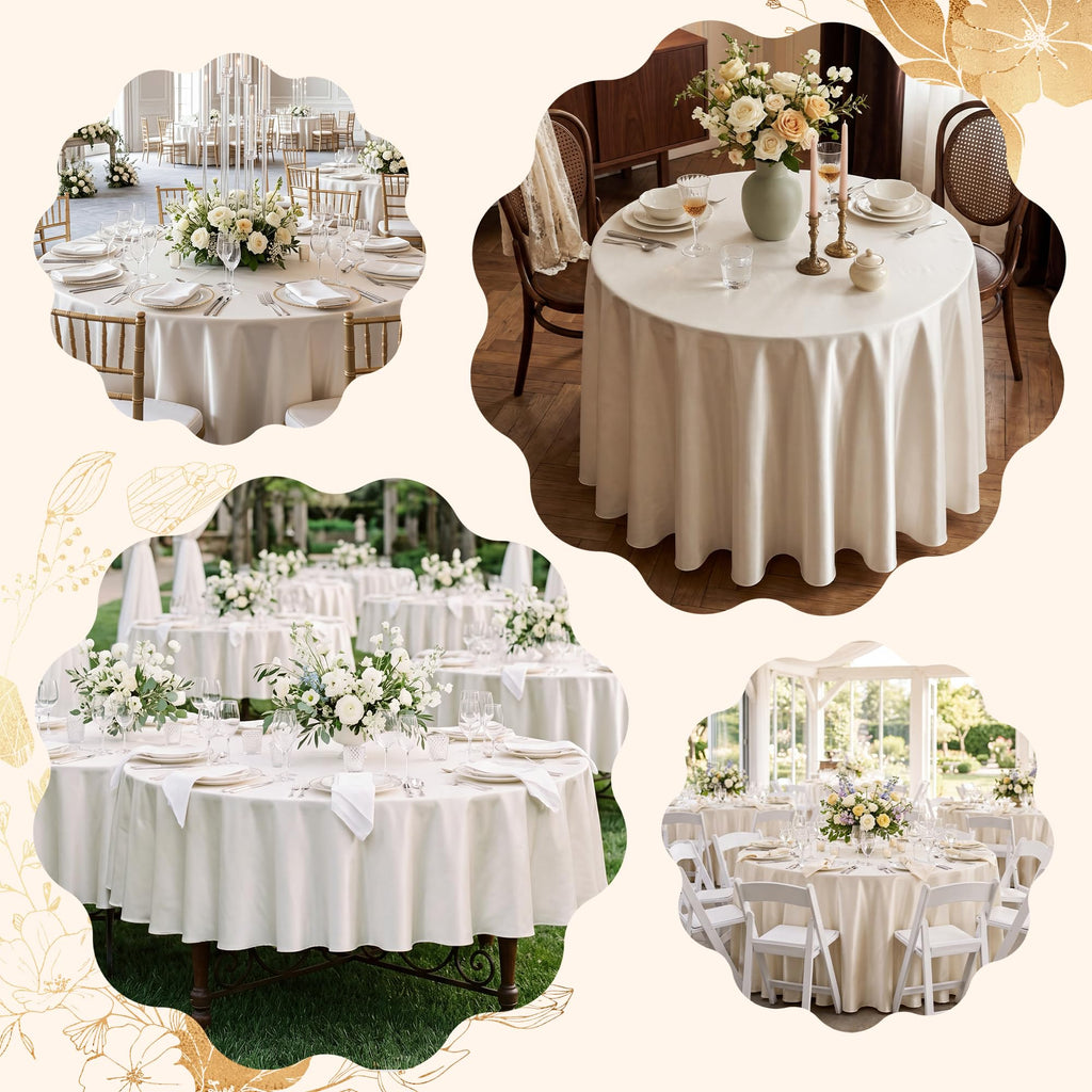 120 Inch Ivory Round Satin Tablecloth Overlay Seamless Table Cover
