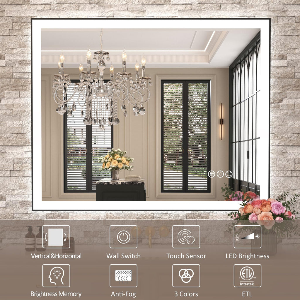 LED Bathroom Mirror with Black Frame, 48" X30"