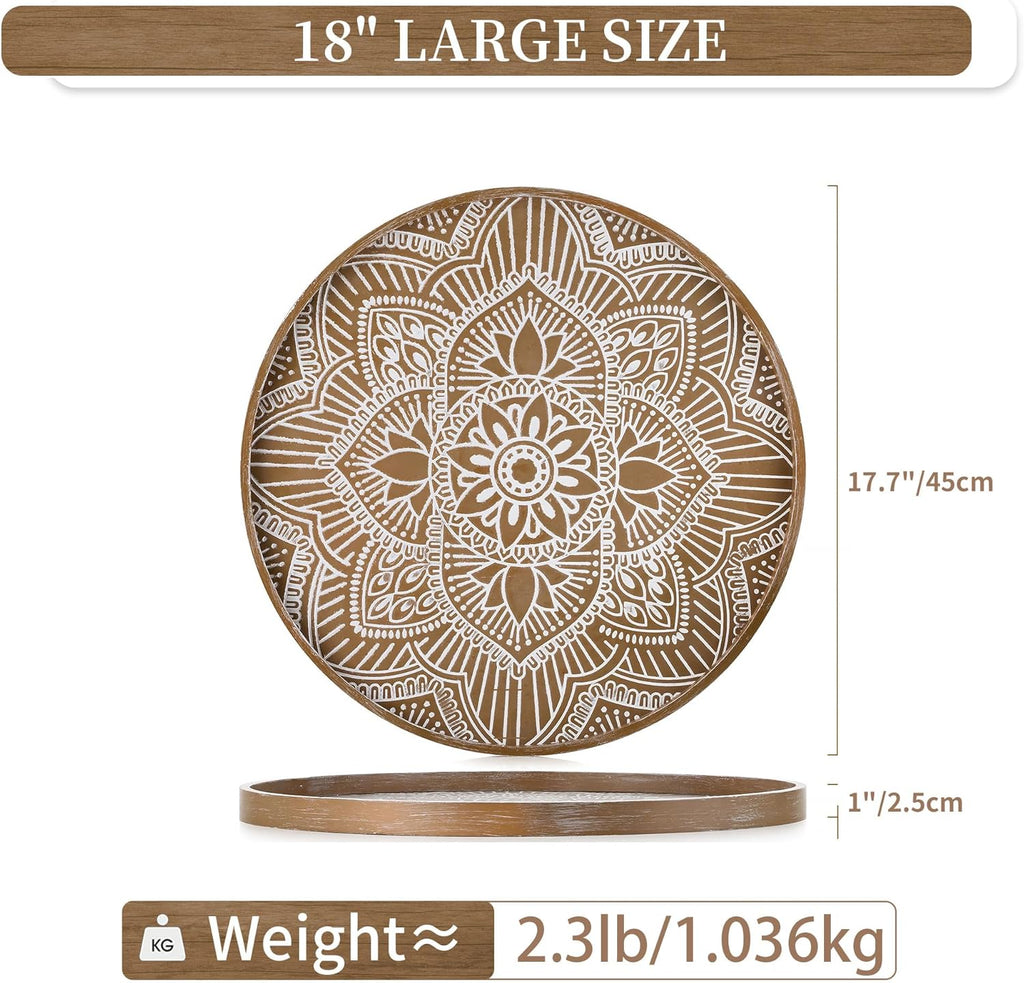 17" Large Round Decorative Tray Coffee Table Decor, Rustic Brown | Boho Mid Century Farmhouse Living Room Ottoman