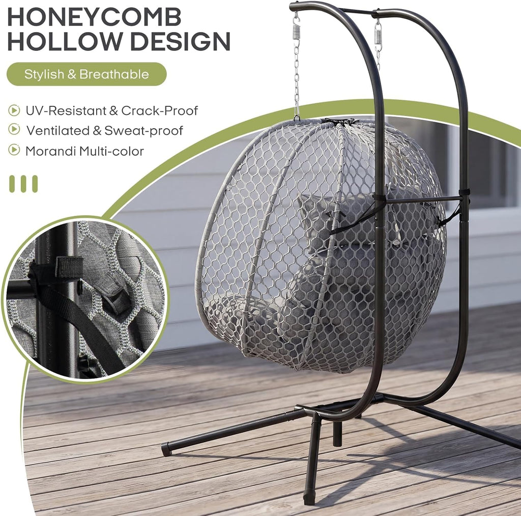 Double Egg Chair with Stand for 2 Persons, Oversized Patio Hanging Basket Chair, Honeycomb Wicker Swing Chair with