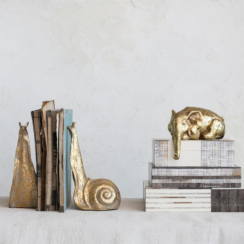 Decorative Distressed Cast Metal Snail Bookends, Gold