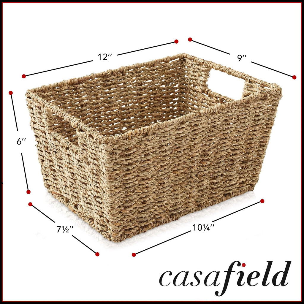 Set of 4 Seagrass Hyacinth Storage Baskets with Handles - Natural, Woven Storage Bins for Shelves, Blankets, Laundry