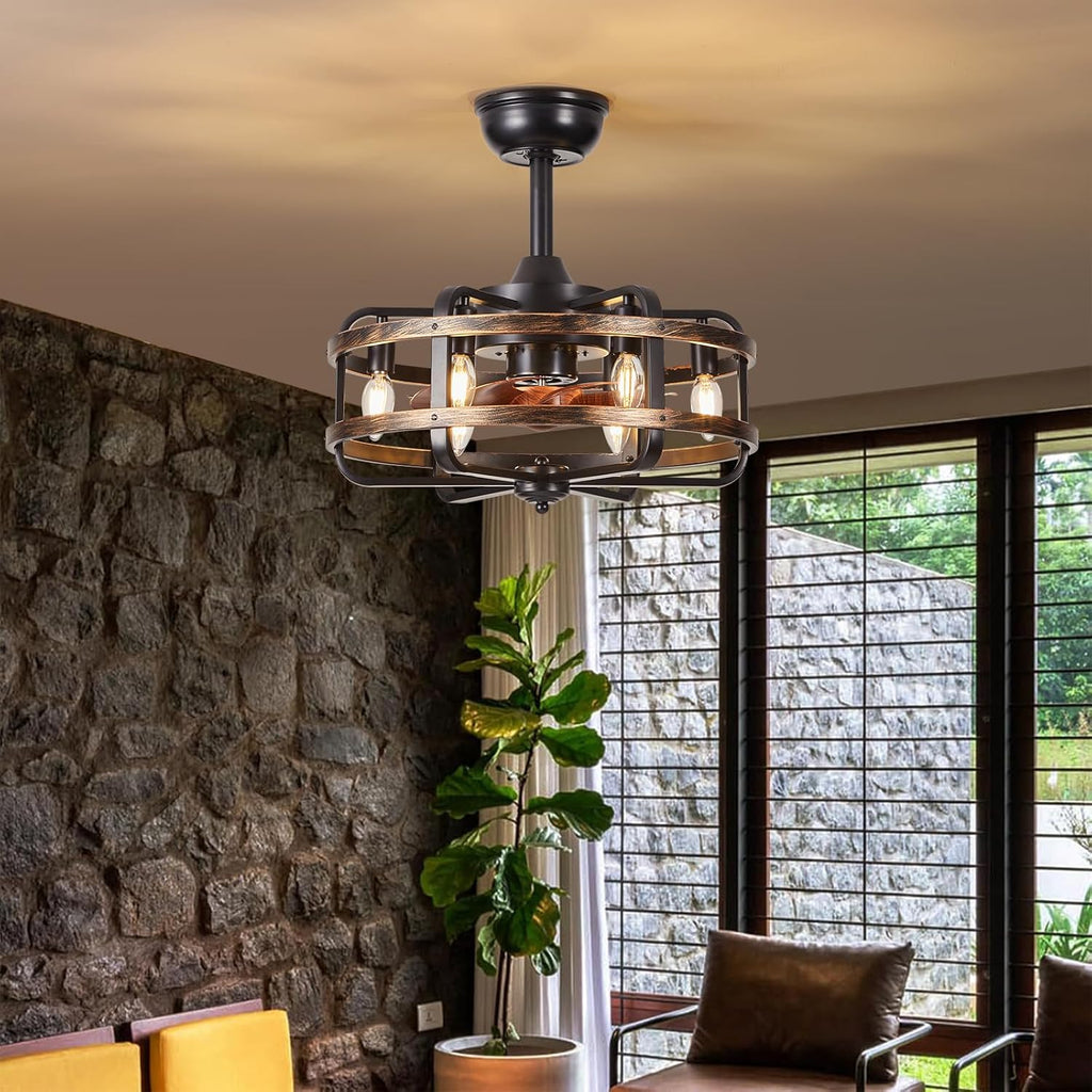 Caged Ceiling Fans with Lights Black Farmhouse 18‘’ Flush Mount Bladeless Rustic Chandeliers Fan Lights with Remote
