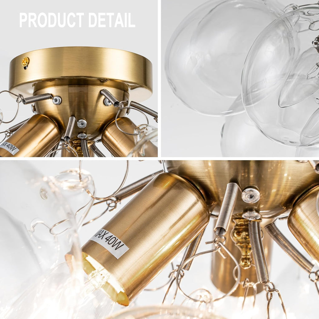 Semi Flush Mount Chandelier Gold Close to Ceiling Light Fixtures Modern Bubble Ball Glass Chandelier Mid Century