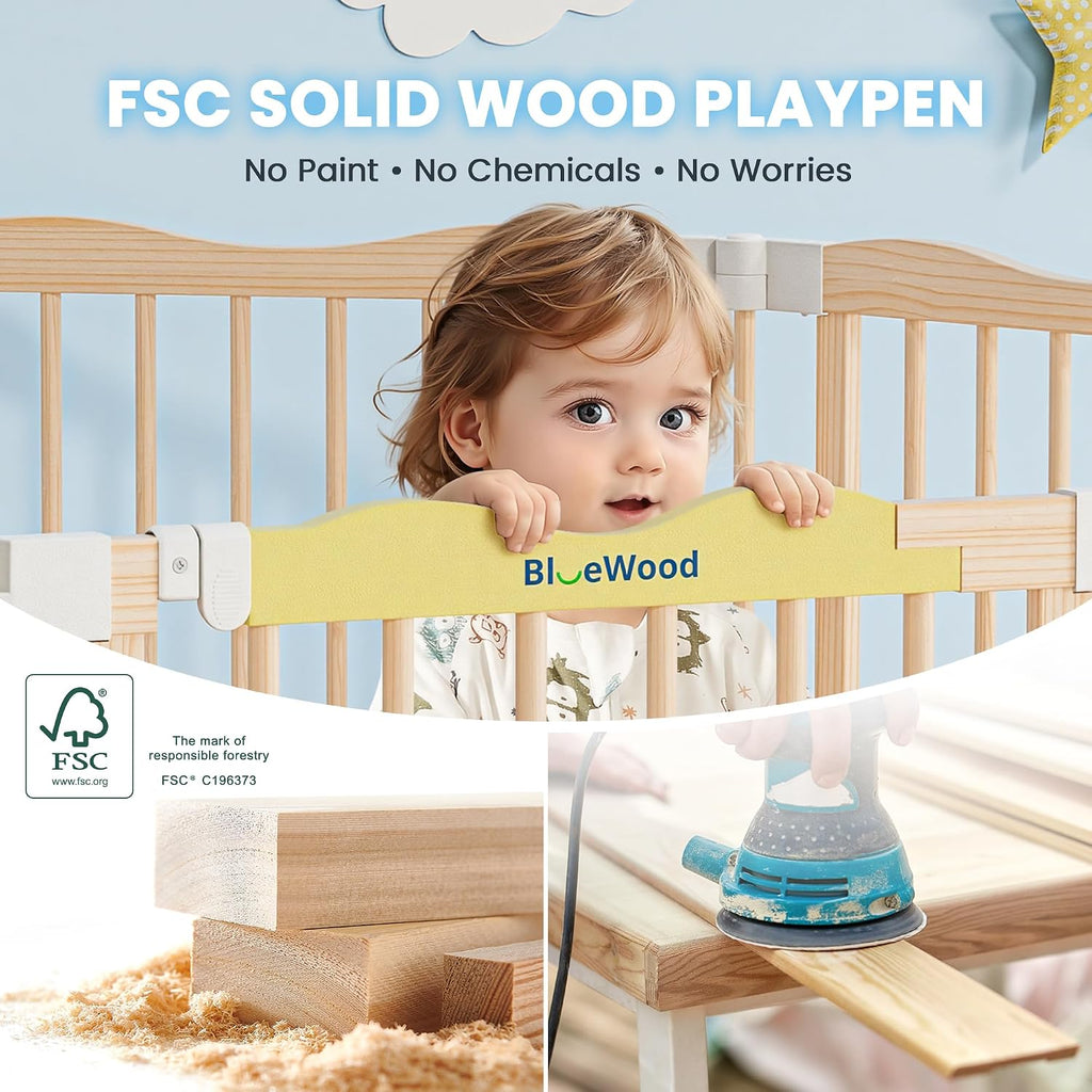 Foldable Wooden Playpen, Natural Pine, 30 x 30 x 24 inches
