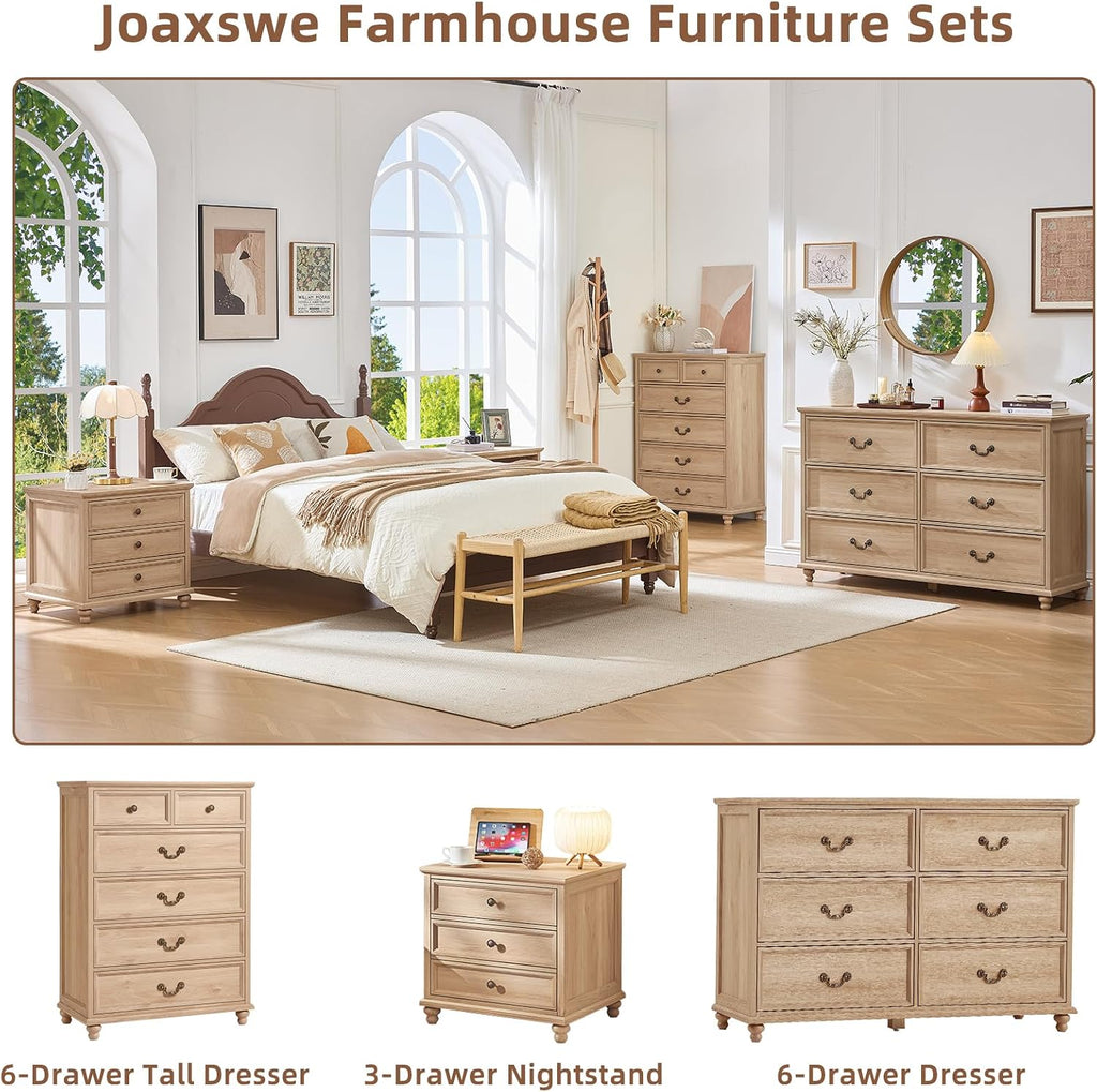 Farmhouse 6 Drawers Dresser , Vintage 54" Wide Chest of Drawers w/ 4 Wooden Legs, Rustic Large Closet Storage