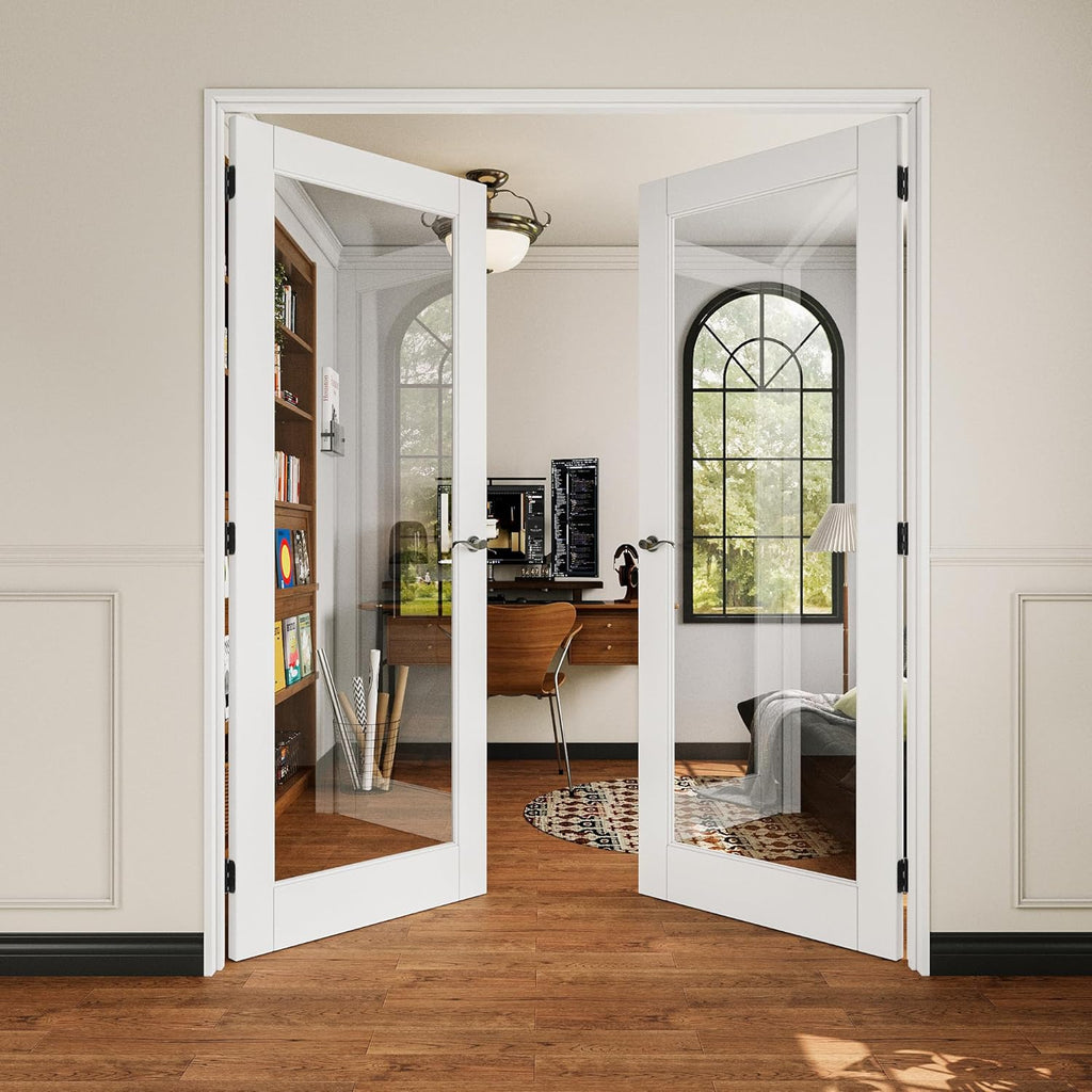 French Door 60" x 80" (Double 30" x 80") Clear Glass Door Slabs with Pre-Hung Jamb, Black Hinges, Levers and Latch, White Primed, French Interior Doors with Frame, Swing Double Bedroom Doors
