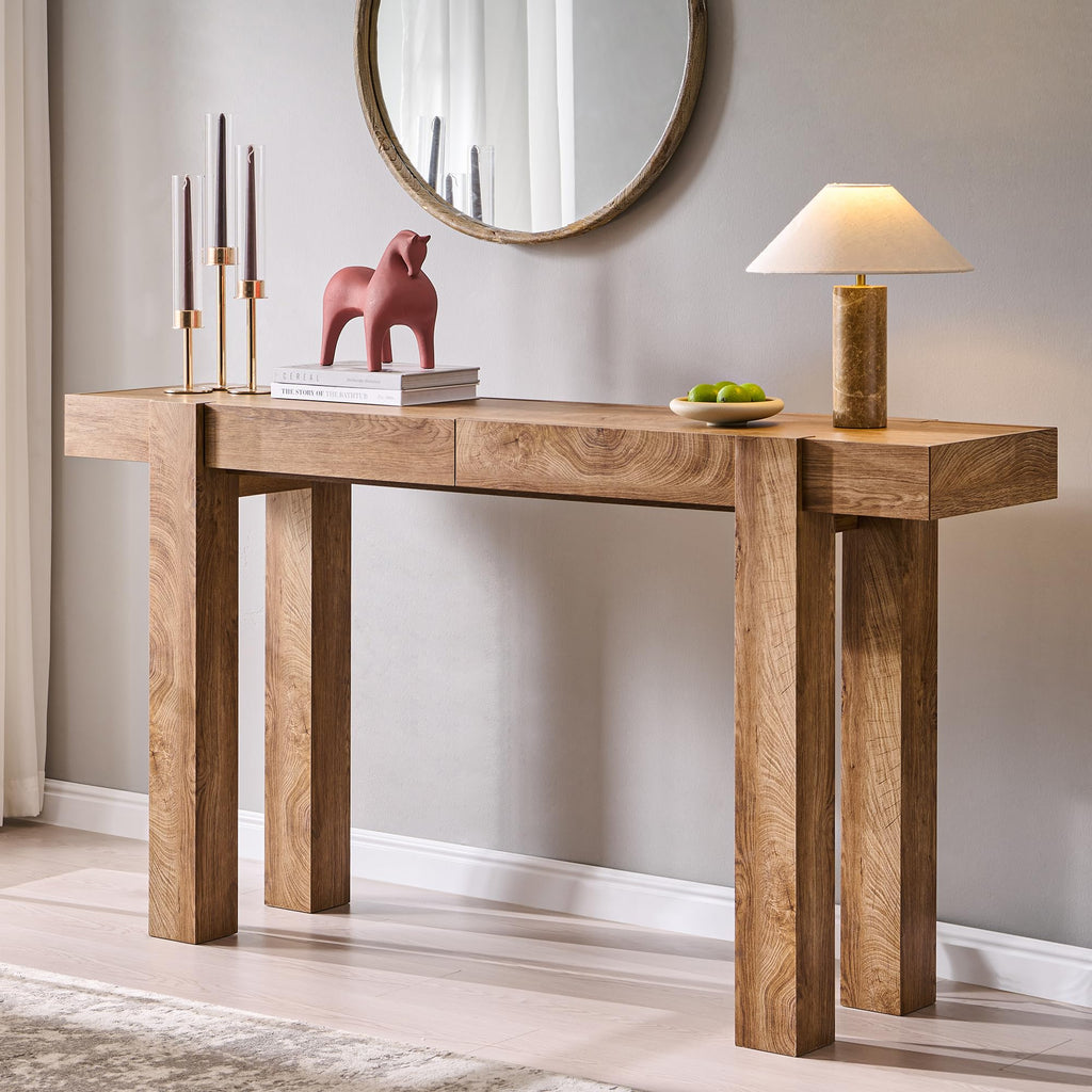 63" Modern Farmhouse Entryway Table with 2 Drawers, Light Knotty