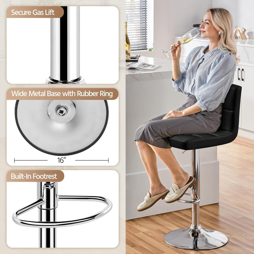 Bar Stools Set of 2, Adjustable PU Leather Swivel Barstools, Modern Counter Stools with Back and Footrest, Counter