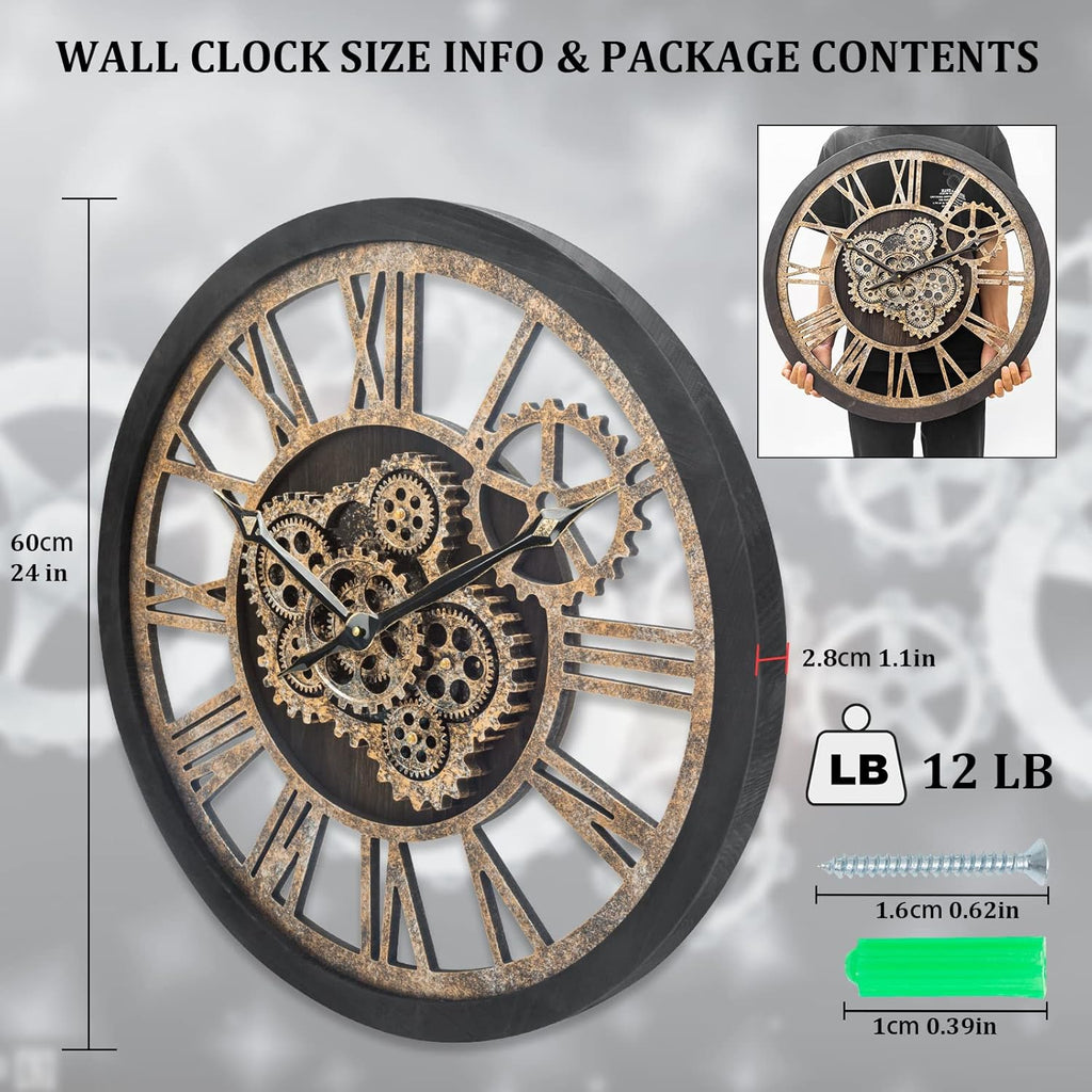 Wall Clock for Living Room Decor, Large, 24 in (60cm), Moving Gear, Farmhouse Vintage Industrial Oversized Wall Clock