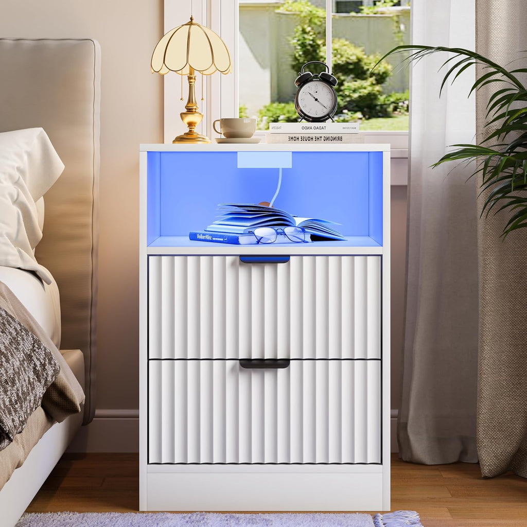 White Night Stand Set 2, LED Nightstand with Charging Station, Fluted Nightstands Set of 2 with 2 Drawers, Wood Side